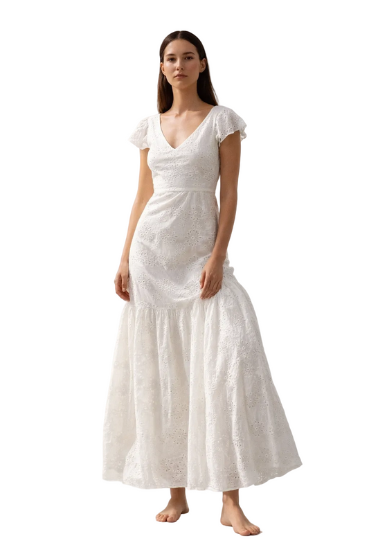 Biała sukienka maxi z haftem broderie, dekoltem V i falbaną u dołu