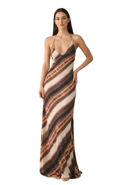 Brązowo-kremowa sukienka maxi w paski na cienkich ramiączkach