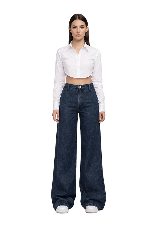 Jeansy z ciemnego denimu z ultra szerokimi nogawkami